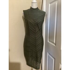 Bebe Olive Green Mock Neck Sleeveless Sheath Bodycon Lace Dress Size M